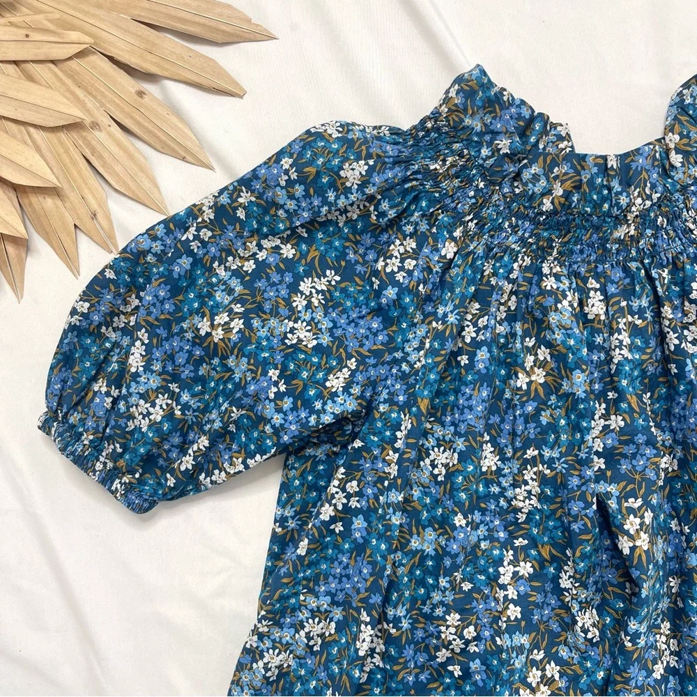 J. Crew Liberty London Floral Smocked Neck Puff Sleeve Sea Blossoms Blouse Top